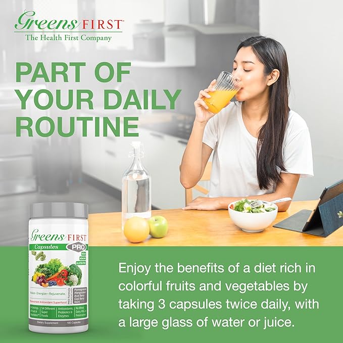 Greens First PRO Phytonutrient Capsules - 30 Servings - 54 Antioxidant Superfoods, Organic Fruits & Vegetables - Prebiotics, Probiotics & Digestive Enzymes - Dairy & Wheat-Free, Non-GMO - 180 Capsules