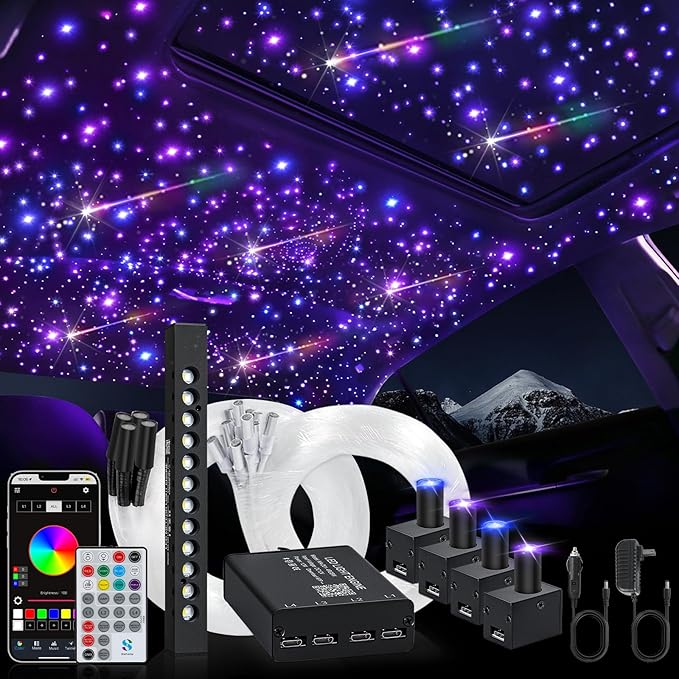 Split Car Starlight Headliner Kit, 4 Colors 12W Meteor Fiber Optic Starlight Kit, 500pcs*0.02in*9.8ft+240 RGBW Sound Activate Shooting Star Lights for Ceiling Car Roof/Home Decor