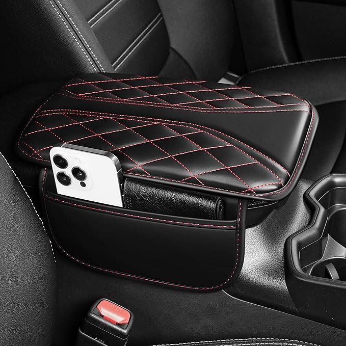 Car Center Console Cover Fit for Jeep Compass - Leather Armrest Covers with 2 Storage Pockets(Black&Red)
