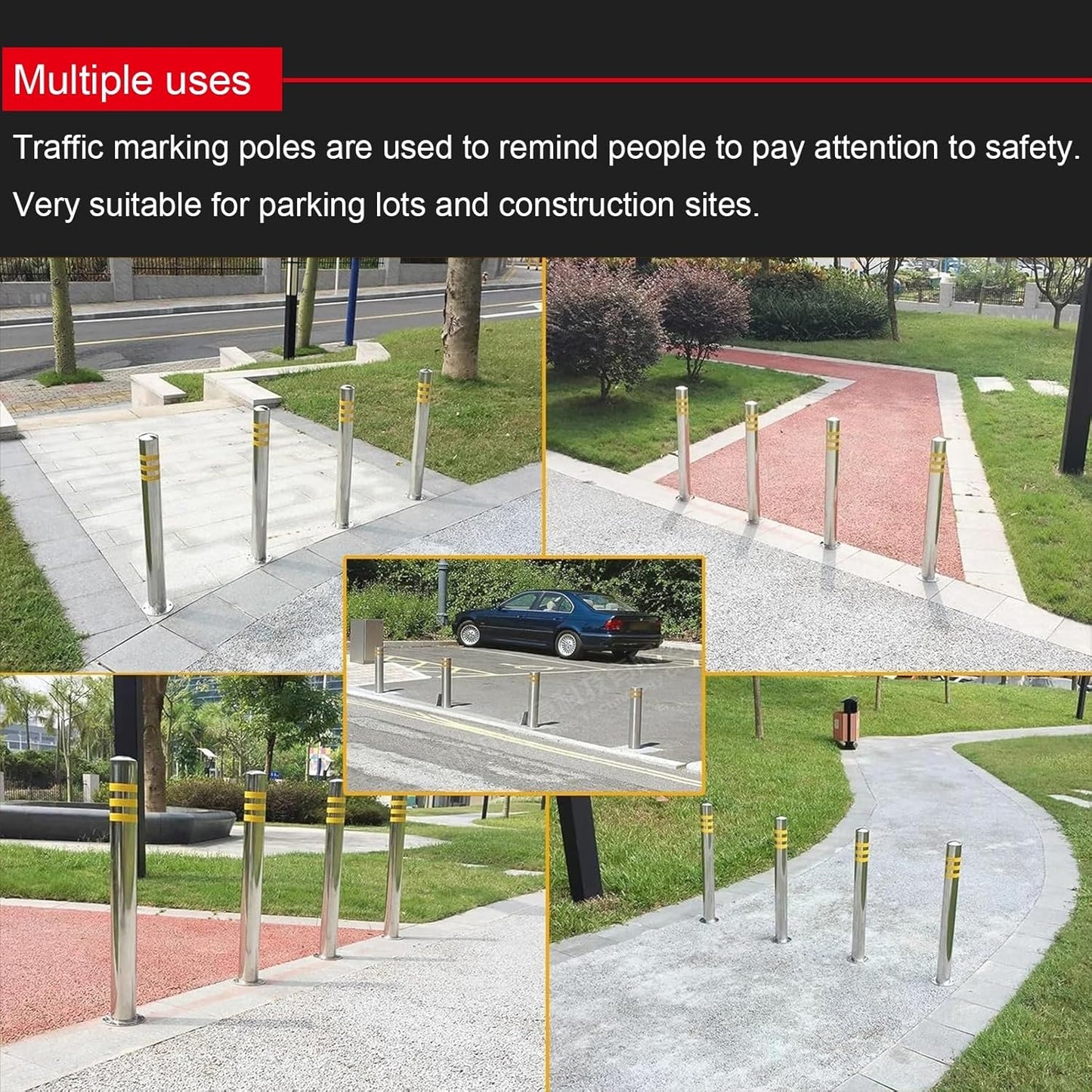Stainless Steel Parking Bollards for Driveway, Industrial Safety Bollards Reflective Channelizer Post, Parking Barrier, Sturdy and Durable, Easy to Install, for Crowd Control(Silver (4pcs),7.6*100cm/3