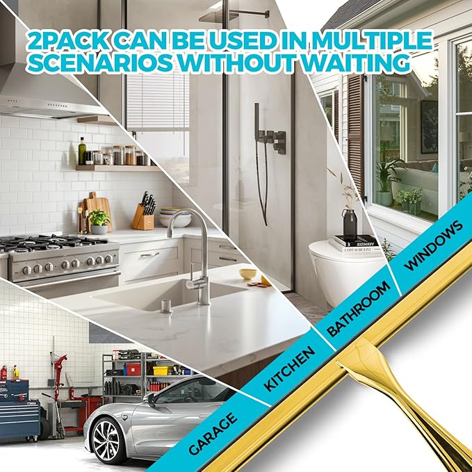 ALFLOD 2PACK 12-Inch Golden All-Purpose Shower Squeegee for Shower Doors, Bath Linen Sets, Tile Shower Walls, Bathroom, Window, Glass and Car Windshield, Mirrors and Kitchen-Stainless Steel