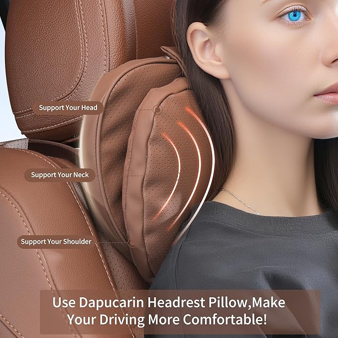 Car Headrest Pillow for Driving, Dual-Sided Leather Design Neck Pillow, Breathable Softness Neck Support, Universal Fit Head Rest Travel Pillow, Brown, 2 Pack