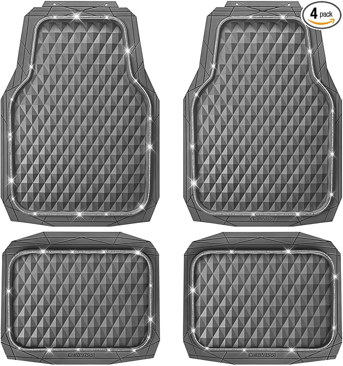 CAR PASS Bling Diamond Rubber Car Mats, Heavy Duty Deep Dish All-Weather Floor Mat Full Set Anti-Slip 3D Rhombus Waterproof Trim Fit Liner Universal Glitter Sparkly Shining Rhinestone, Gray Rubber