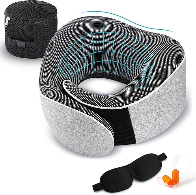 TALLGO Travel Pillow, Best Memory Foam Neck Pillow Head Support Soft Pillow for Sleeping Rest, Airplane Car & Home Use (1Grey)