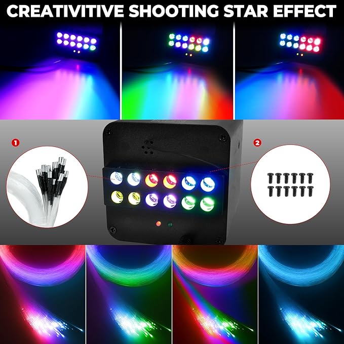 2000PCS 32W Meteor Starlight Headliner Kit,4 Light Colors Twinkle Fiber Optic Star Ceiling Lights,0.03in*13.1ft/4m, App/Remote Control Rgbw Shooting Star Headliner Kit Car Roof Home Ceiling