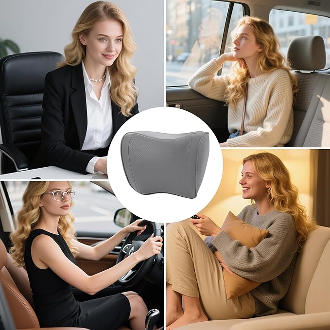 Car Headrest Pillow 100% Memory Foam, Breathable Removable Leather Cover, Premium Seat Support Head Neck Cushion for Driving Travel Home Office, Gray, 2 Pack
