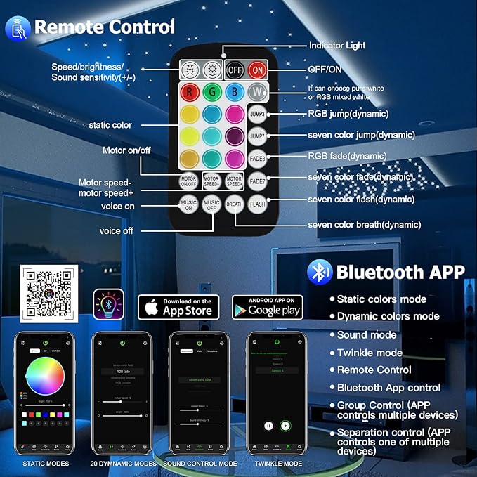 AMKI Updated 16W RGBW Fiber Optic Light Twinkle + Sound Activated Mixed 350pcs 0.03in 6.5ft Cables APP Remote Music Control Car Home Starlight Headliner Star Ceiling Light Kit
