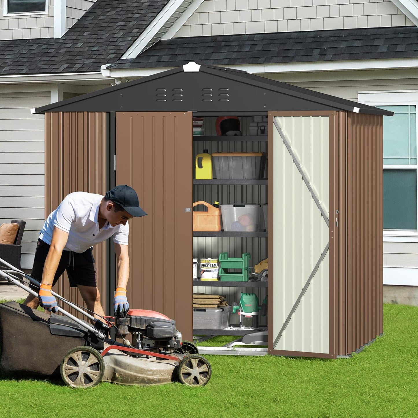 Gizoon Outdoor Storage Shed 8 x 6 FT, Galvanized Metal Garden Shed with Double Lockable Doors, Outdoor Storage Clearance for Backyard Patio Lawn-Light Brown
