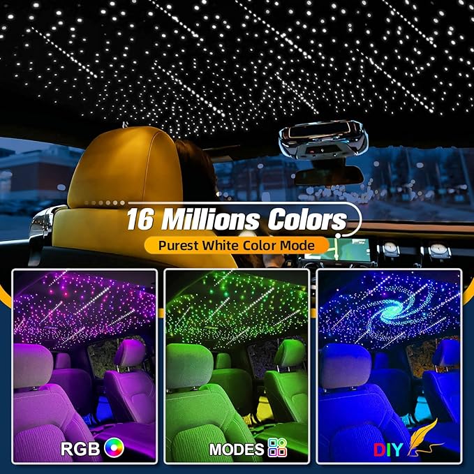 12W Twinkle&Meteor 2 in 1 RGBW Starlight Headliner Kit, 650pcs*0.03in*13.1ft+96pcs Shooting Star Lights for Car/Home Ceiling, Fiber Optic Lights with Bluetooth APP/Remote Control/Music Effect