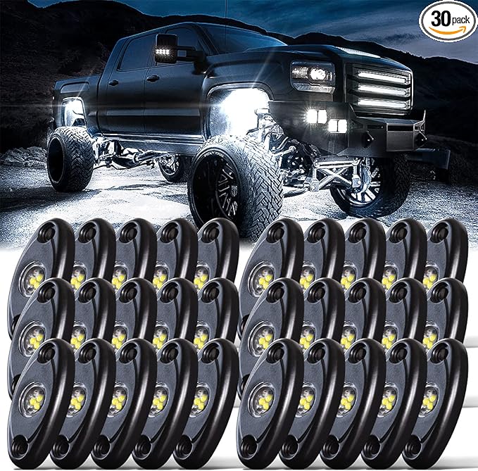 LEDMIRCY R1 White Rock Lights 30PCS High Power Underbody Pure White LED Rock Lights for UTV Trucks SUV ATV Off Road Boat Neon Trail Rig Light Underglow Trail TRAI Rig Light Waterproof Shockproof
