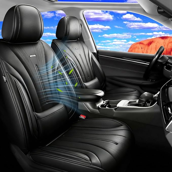 Fit Ridgeline Car Seat Covers (Front Pair) for Select Honda Ridgeline 2007-2026 - Premium Full Coverage Leather, Airbag Compatible, Waterproof & All Weather Seat Cushion Protector, Black