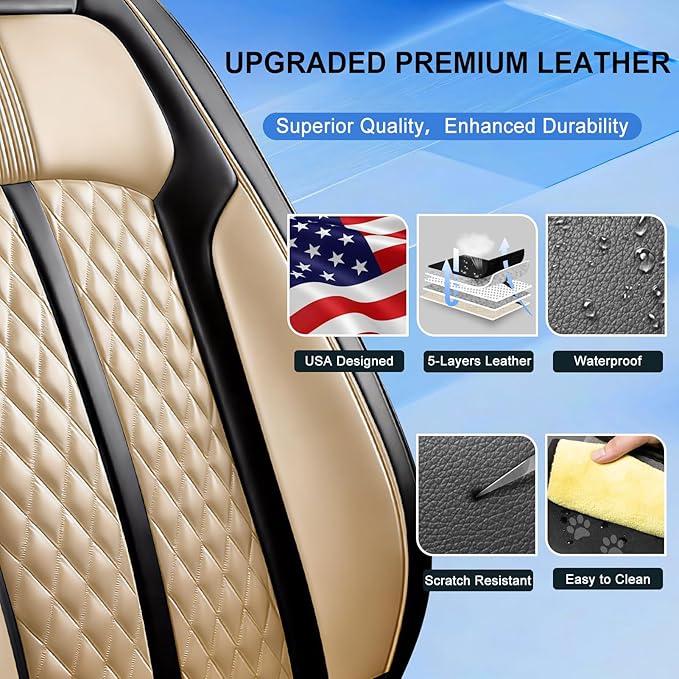 Fit CX-50 Car Seat Covers for Select Mazda CX50 2023-2026, Premium Full Coverage Leather, Airbag Compatible, Waterproof All Weather Seat Protector, Front Pair Black+Beige