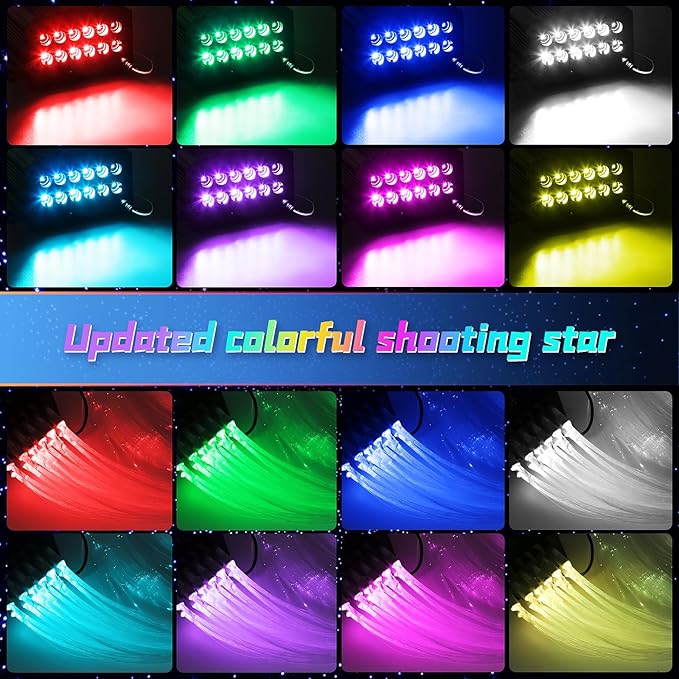 Car Starlight Headliner Kit, 4 Colors 32W Twinkle & Meteor Fiber Optic Shooting Stars Lights, 2 in 1 Light Engine 600pcs*0.03in*13.1ft+240 RGBW 4 Port Ceiling Starlights for Car Home Roof Décor