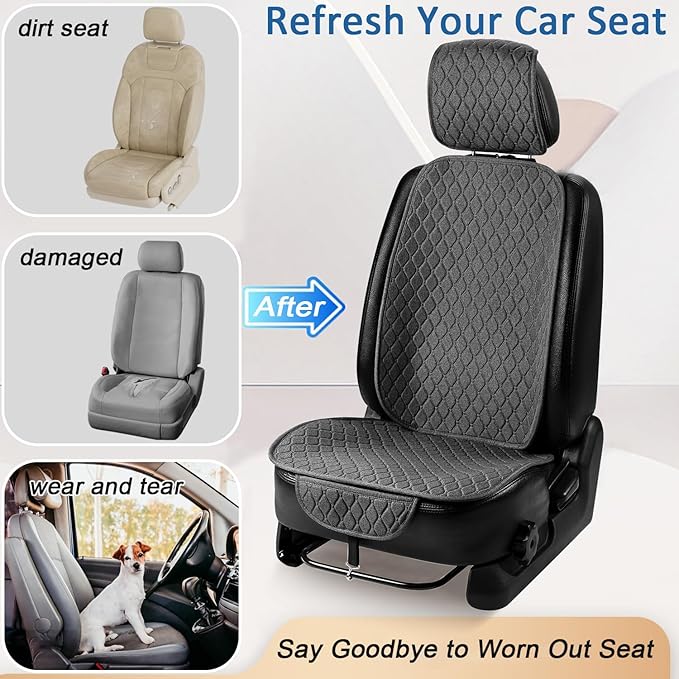 2 Pack Linen Front Car Seat Covers for Cars, Breathable Linen Car Seat Protector Fit Four Seasons, Non-Slip Car Seat Pad for Most Vehicles (2Pack Dark Grey)