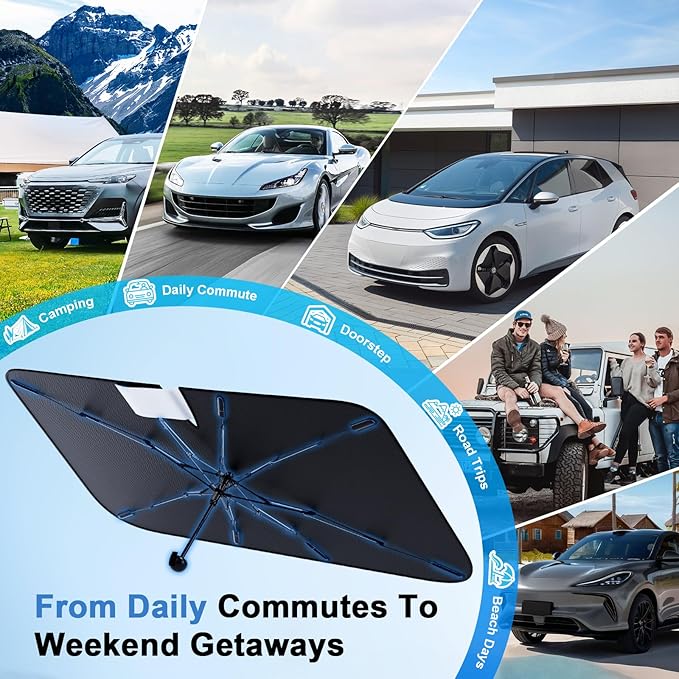 PEMOTech Sport&Compacts Car Accessories Umbrella Windshield Sun Shade | Quick-Install Reliable UV Blocker&Heat Shield | Versatile Car Window Shades | Keep Cool&Protect Interior | Medium(49"X25.6")