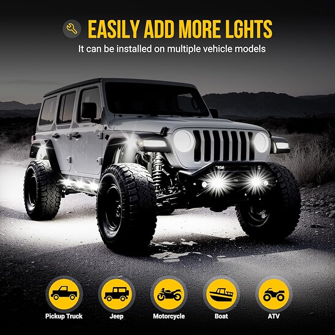 Hovano 16 Pods COB White Rock Lights, 120 COB Chips 6500K Pure White Super Bright Neon Underglow, IP68 Waterproof Shockproof Off-Road Light Kit for Pickup Trucks, SUV, UTV, ATV, RZR, Cars Boats