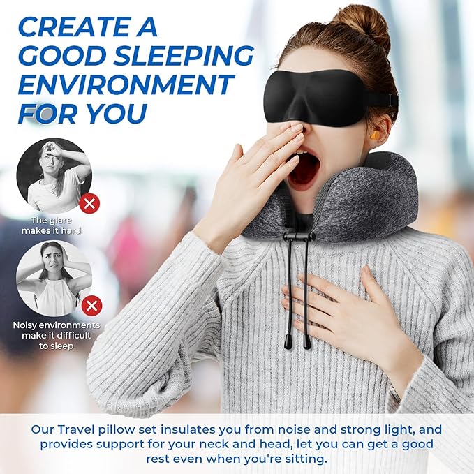 Travel Pillow, 2 Pack Travel Pillows for Sleeping Airplane, Removable Cover Neck Pillow with Adjustable Clasp, Memory Foam Neck Pillow Set (Dark Grey & Black)