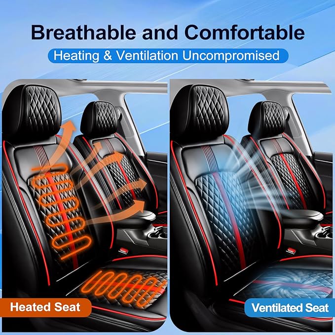 Fit Equinox Car Seat Covers (Front Pair) for Select Chevrolet/Chevy Equinox 2007-2026 - Premium Full Coverage Leather, Airbag Compatible, Waterproof All Weather Seat Protector, Red Trim
