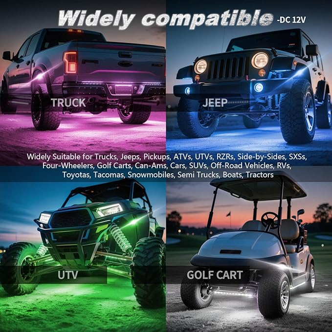 4Pods RGB LED Rock Lights for UTV SXS RZR Can-Am Four Wheeler Side by Side ATV Offroad Golf Cart, Multicolor Underglow Light Kit with APP/RF Remote Music Sync Neon Vehicle Accent Light 12V Waterproof