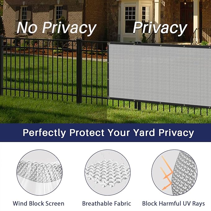 Windscreen4less Privacy Fence Screen Heavy Duty Windscreen Fencing Mesh Fabric Shade Net Cover with Brass Grommtes for Outdoor Wall Garden Yard Pool Deck, 8'x79' Light Gray