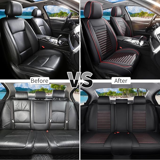 Car Seat Covers Full Set Fit for Toyota Yaris 2007-2020, Premium Faux Leather Car Seat Protector,Breathable Anti-Slip Full Wrapping Edge Seat Covers(Black&Red,Full Set)