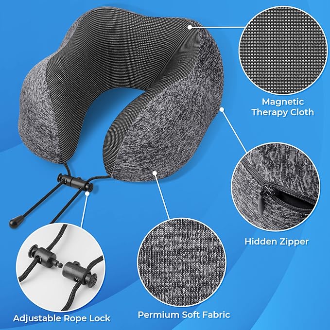 Travel Pillow, 2 Pack Travel Pillows for Sleeping Airplane, Removable Cover Neck Pillow with Adjustable Clasp, Memory Foam Neck Pillow Set (Dark Grey & Black)