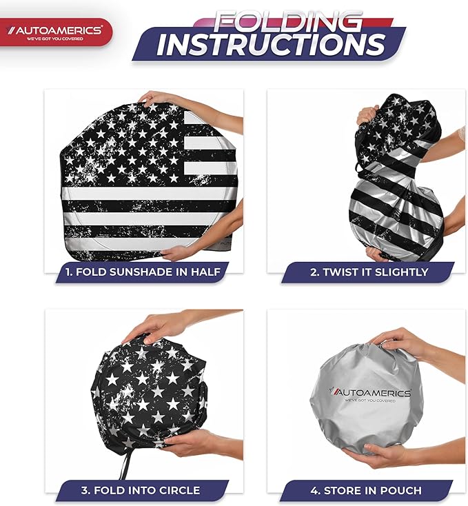 Autoamerics 1-Piece Windshield Sun Shade Grunge B&W American Flag USA Design - Foldable Car Front Window Sunshade for Most Sedans SUV Truck - Blocks Max UV Rays and Keeps Your Vehicle Cool - Small
