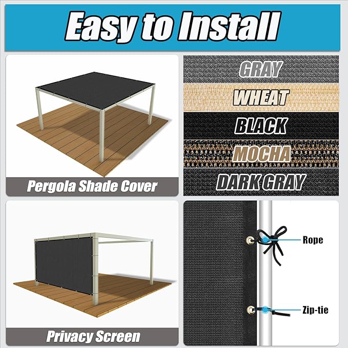 Amagenix 90% Pergola Shade Cover 17'X 20' Dark Gray Sun Shade Cloth with Grommets for Outdoor Garden Patio Porch-Commercial Grade 200 GSM-Cable Zip Ties Included (We Customized)