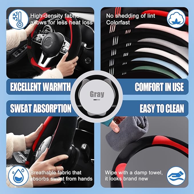 Furry Cute Steering Wheel Cover, Soft Fluffy Short Plush Auto Accessories, Non-Slip Cold-Proof Sweat-Proof Colorfast, Universal 15 inch(Black with Gray)