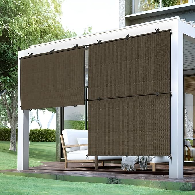 Bynbbur 4'W x 8'H Outdoor Patio Shades Foldable Roller Blinds, 220 GSM Sun Shade Roll Up Porch Screens Exterior Shade Cloth for Deck Pergola Backyard, Brown