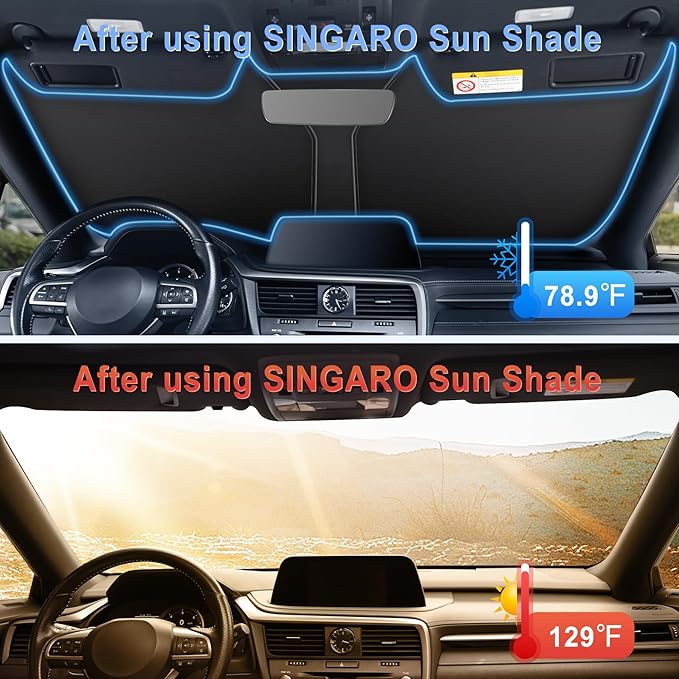 SINGARO 300T Universal Car Windshield Sun Shade, Foldable Reflective for Windshield & Window Shades with Overlapping Design, Car Interior Accessories (68.8" L x 35" W)