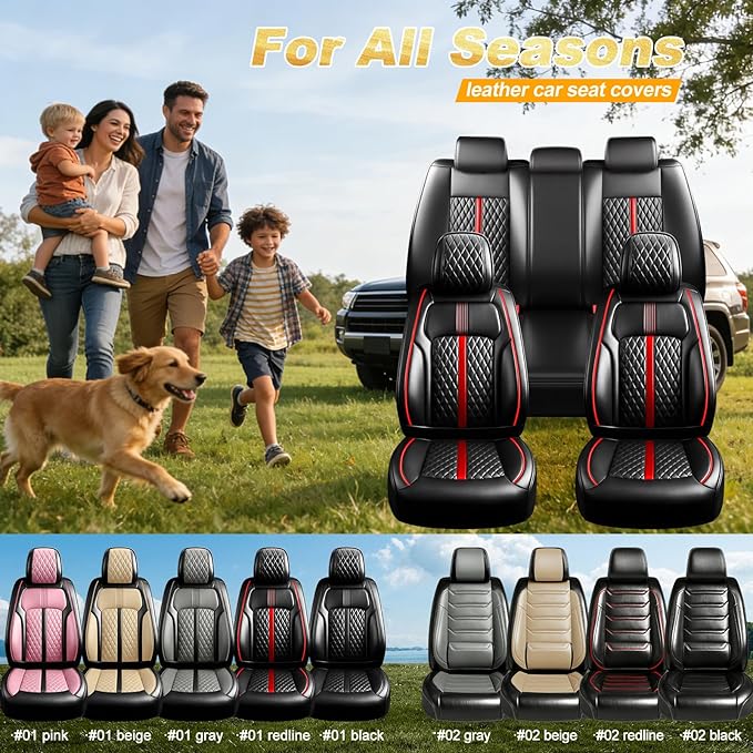 Fit Malibu Car Seat Covers (Front Pair) for Select Chevrolet/Chevy Malibu 2009-2025 - Full Coverage Leather, Airbag Compatible, Waterproof & All Weather Seat Cushion Protector, Red Trim