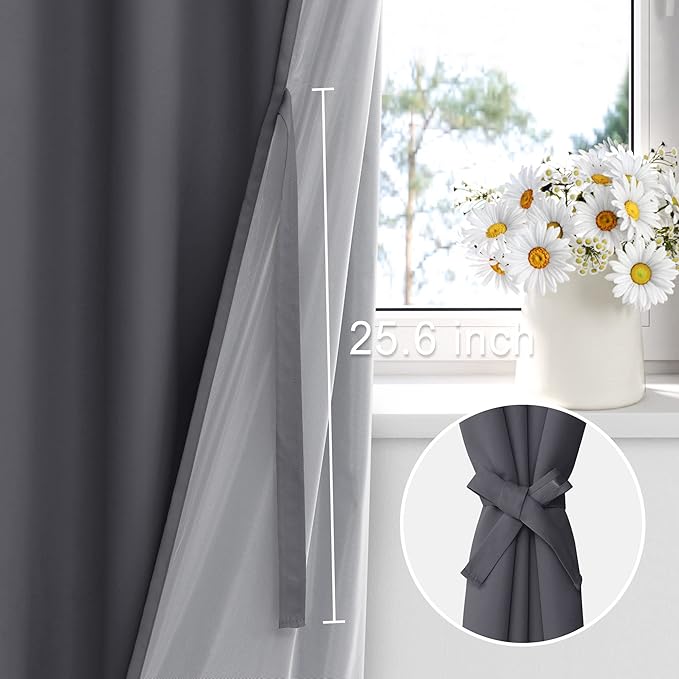 XWZO 100% Blackout Curtain Panels - Thermal Insulated Black Liner Curtains, Noise Reducing and Heat Blocking Drapes for Hall and Studio Windows with Tiebacks, Dark Grey, W60 x L84, Set of 2