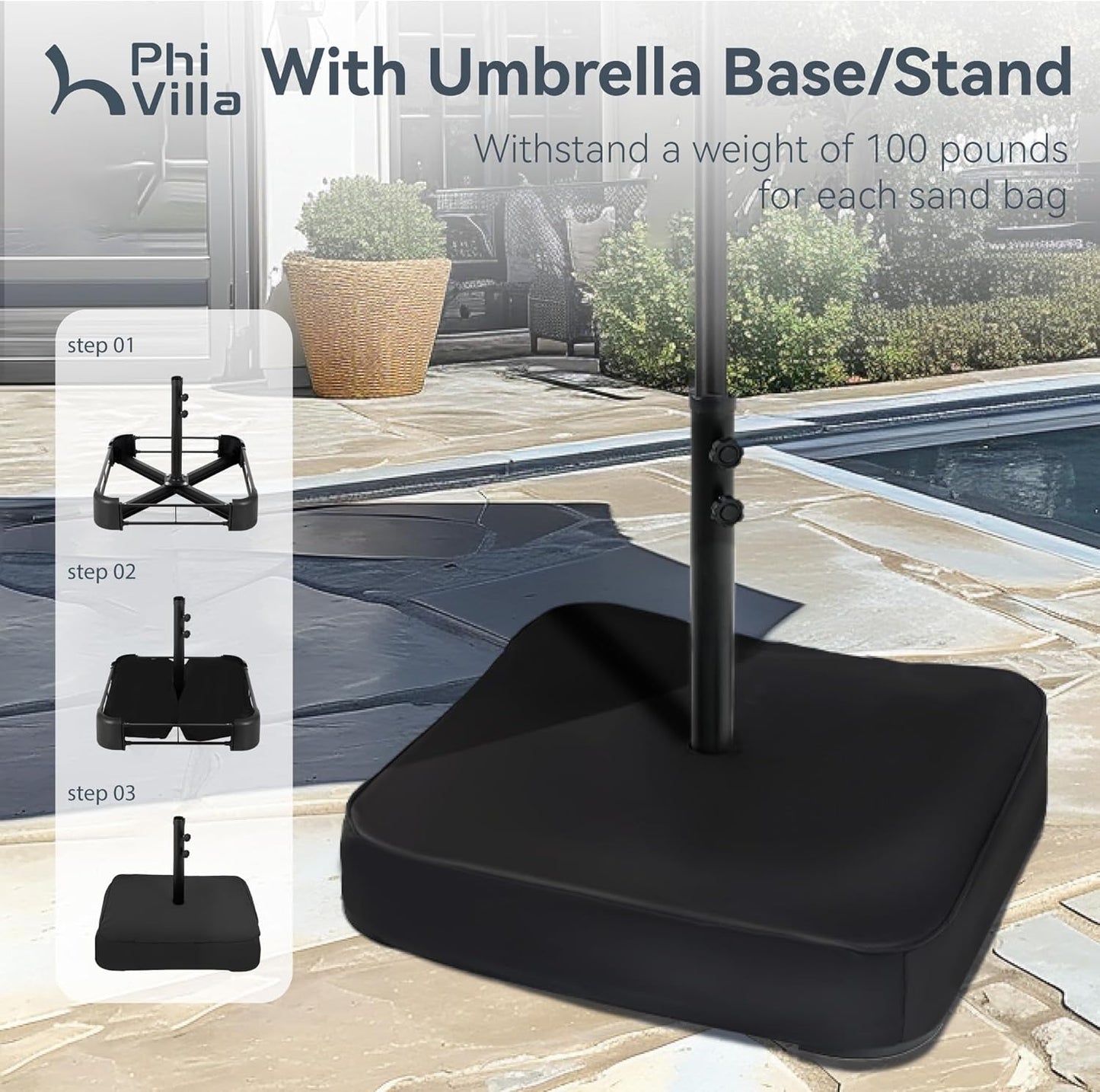 PHI VILLA 15ft Large Patio Umbrellas with Base Included, Outdoor Double-Sided Rectangle Market Umbrella with Crank Handle, for Pool Lawn Garden, Blue
