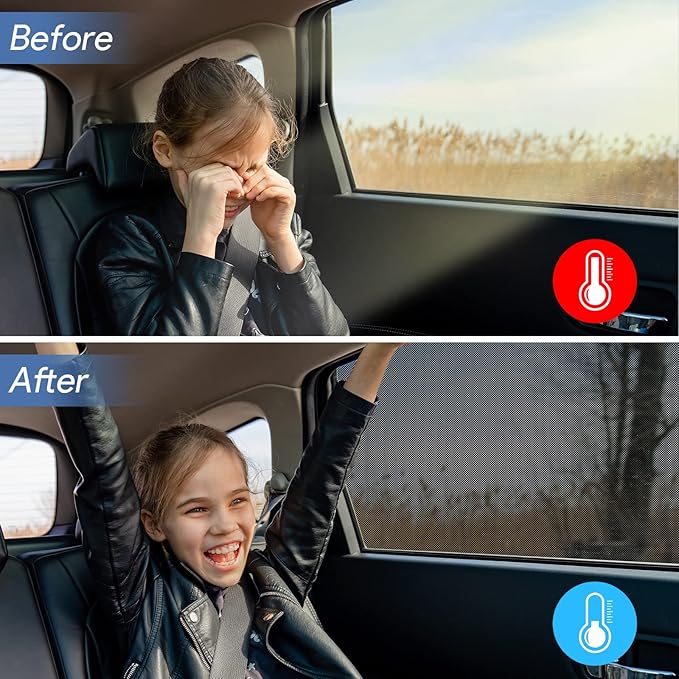 AUGOLA Car Window Shades, 2 Pack Breathable Mesh Side Sun Shades, Stretch Screens for Baby/Camping, Heat Block UV Protection, Back Window Covers for Car, Truck, SUV, Van (XL 63''x28'')