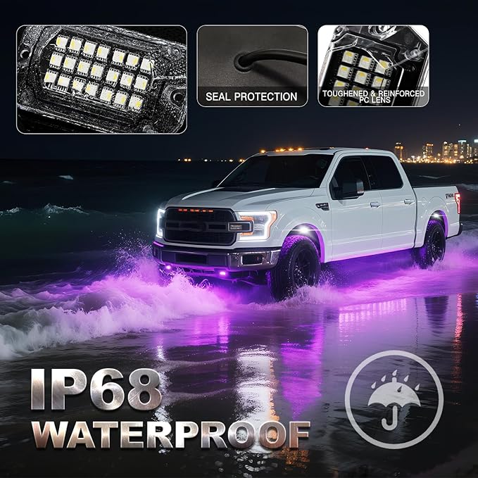 16 Pods Full Angle RGBW LED Rock Lights, 6500K Pure White RGB Rock Light for Truck Jeeps Pickup Offroad Golf Cart Boat RV UTV Underbody, 12V Waterproof Neon Underglow Kit with APP/RF Remote Sync Music