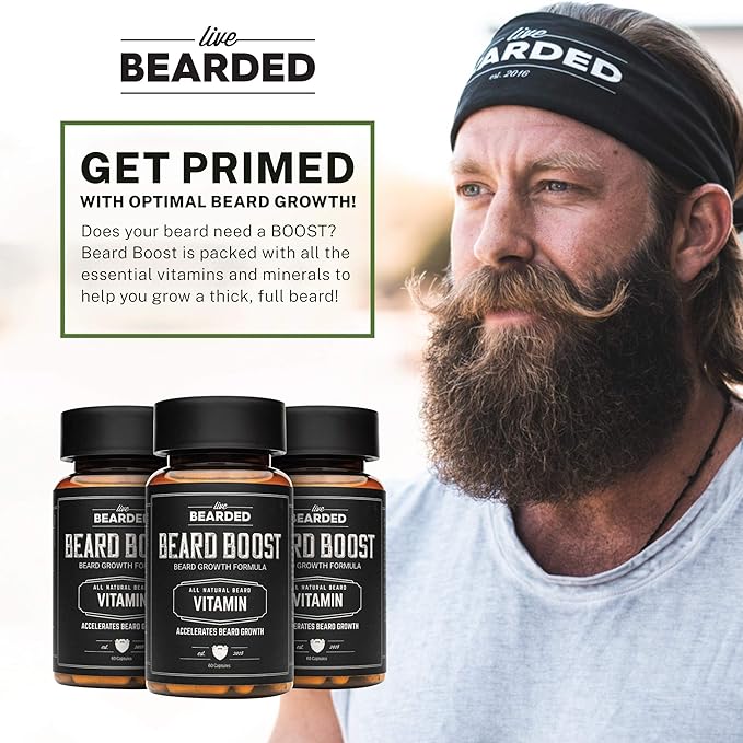 Live Bearded Beard Boost - Hair Growth Multivitamins with Biotin 10,000mcg, Vitamins C, E and Zinc - Thick, Strong, Full Grow Support - Made in The USA | 90-Day Supply