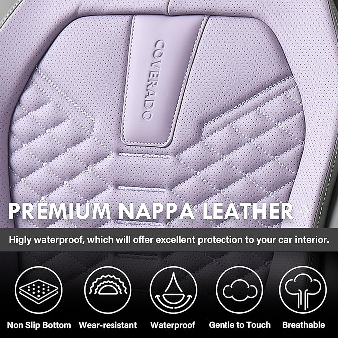 Coverado Car Seat Covers, Front Seat Cover, Waterproof Nappa Leather Seat Covers for Cars, Driver Car Seat Protectors, Gray and Purple Automotive Seat Covers Universal Fit for Most Cars