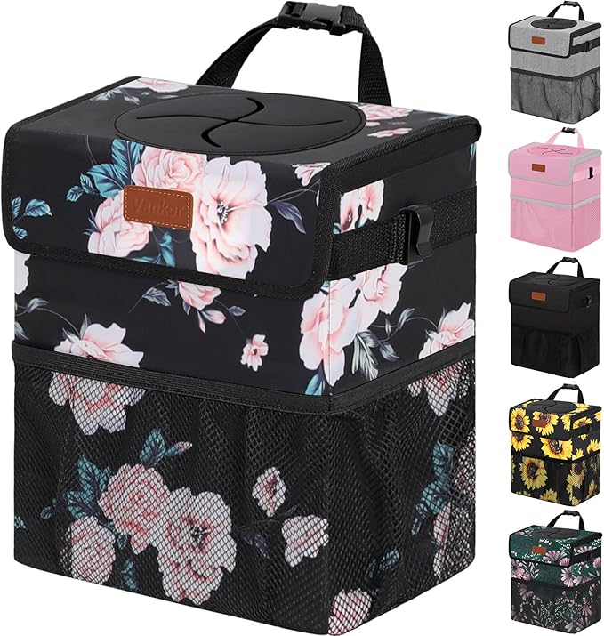 Vankor 4.2 Gallons Car Trash Can with Lid, Bag Bin Hanging Waterproof Automotive Car Garbage Cans Leak Proof Vehicle Trash Can for Truck SUV,Black Floral