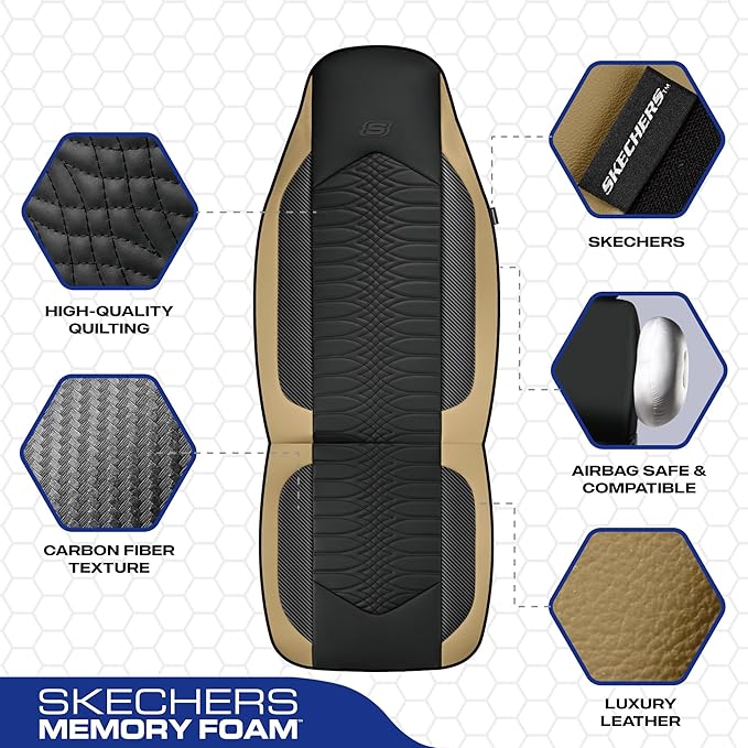 Skechers Memory Foam Car Seat Covers, Leather High Back Seat Covers Quilting Design,Waterproof Sports Car Seat Covers Front Seats,Airbag Compatible, Universal Fit for Most Cars, SUVs,Trucks,Beige