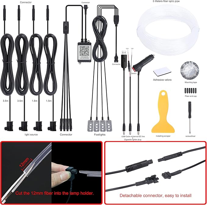 Car Atmosphere Light Kit 5m Fiber Optic RGB Multicolor Sound Active Music Sync Memory Function Bluetooth APP Control 64 Colors USB Car Interior Footwell Ambient Lighting Kit DC 12V