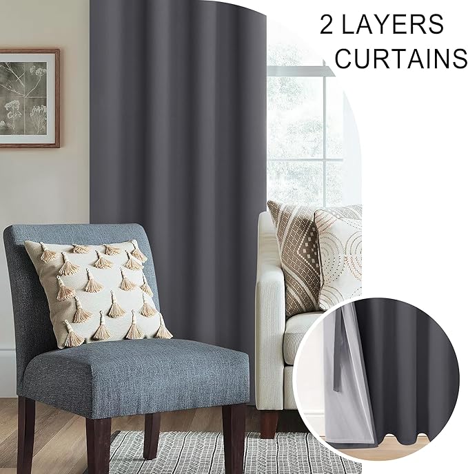 XWZO 100% Blackout Curtains 45 Inches Long with Tiebacks- Privacy Protection & Noise Blocking Window Draperies Grommet Top with Black Liner for Bedroom/Living Room, Dark Grey, W42 x L45, Set of 2