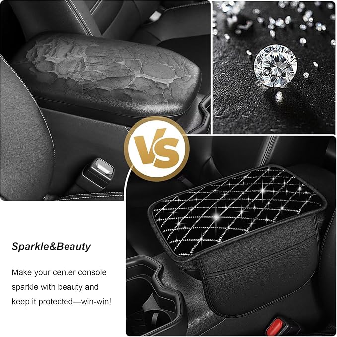 Bling Center Console Cover with 2 Side Pockets Fit for Highlander Multi-Functional Car Armrest Cushion Diamond-Studded Rhombus Pattern Style(Black&Silver Diamond)