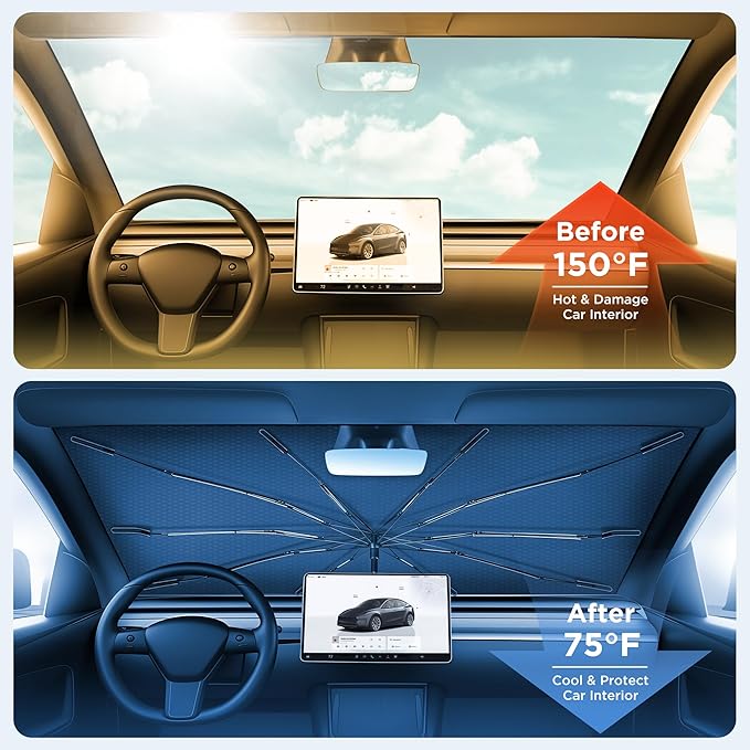 2026 Upgraded Windshield Sun Shade Umbrella [7-Layer Vinyl Coating Heat Shield] Foldable Front Window Sunshade Umbrella Flexible Handle Protect Interior from UV Keep Car Cooler (61" x 34.5")