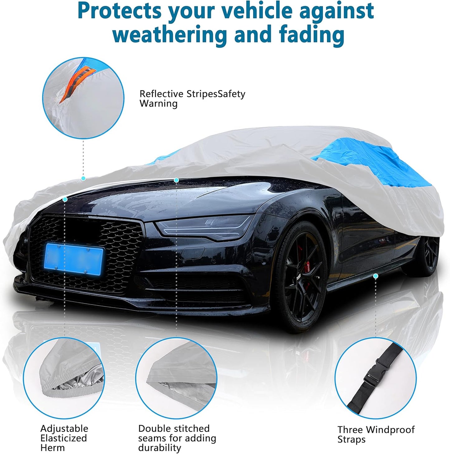 MORNYRAY Waterproof Car Cover All Weather Snowproof UV Protection Windproof Outdoor Full car Cover, Universal Fit for Sedan (Silvery, A3-Fit Sedan Length(178-185 inch)