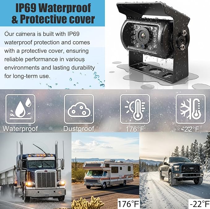 Backup Camera Monitor Kit,7" HD 1080P Monitor,IP69 Waterproof Rearview Reversing Rear View Camera for Truck Trailer Semi-Trailer Box Truck RV Pickup Truck,Easy Installation (Dual Cam)