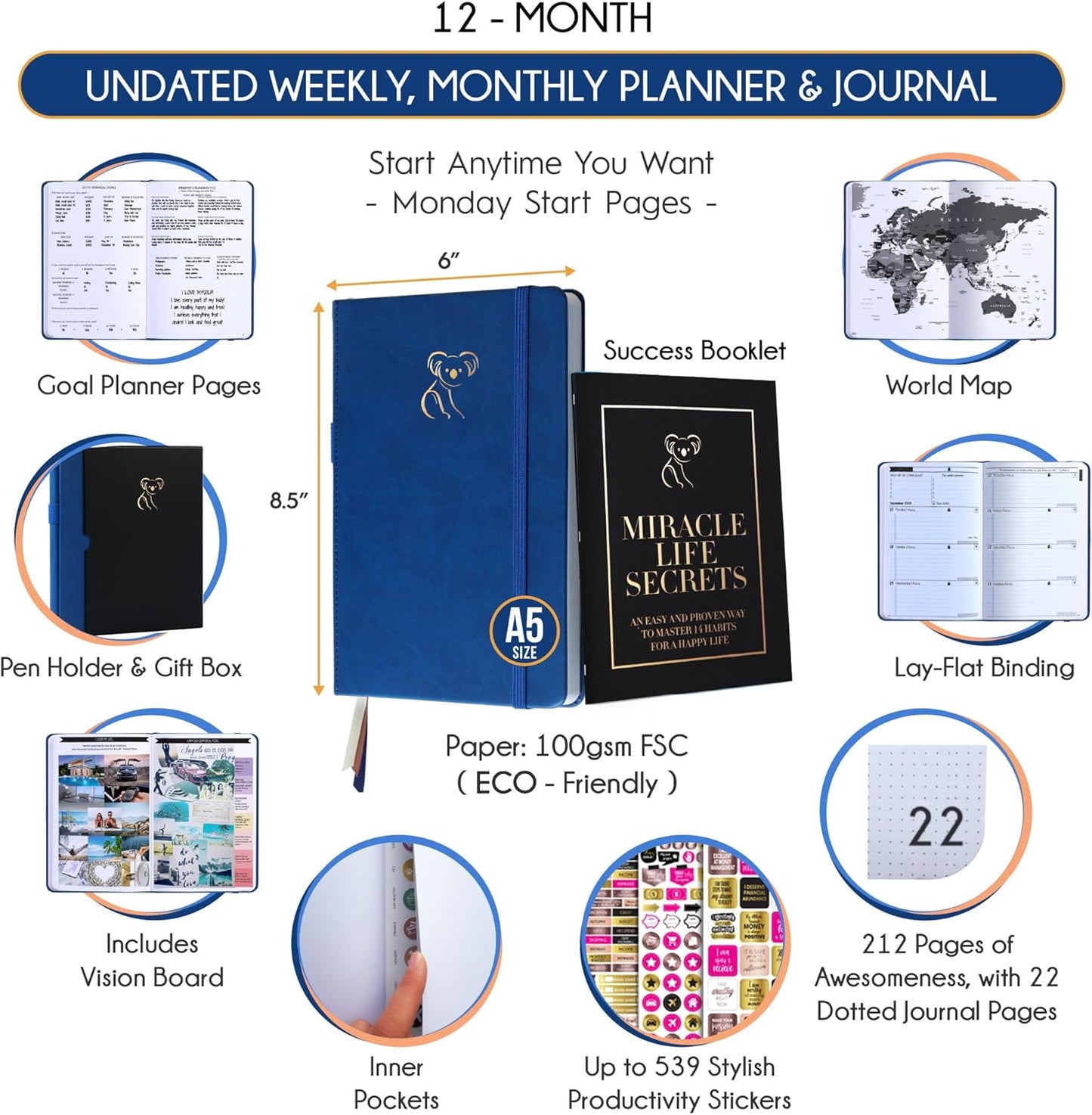 Life Planner - Gratitude Journal for Men & Women | Daily, Weekly & Monthly Planner with Budget Section, Time Blocking, Habit Tracker for Peace of Mind Planning to Increase Productivity & Happiness