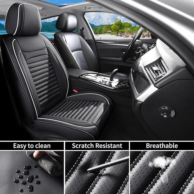 Car Seat Covers Full Set Fit for Toyota RAV4 2001-2026, Premium Faux Leather Car Seat Protector, Breathable, Anti-Slip, Comfortable & Durable (Black&White,Full Set)