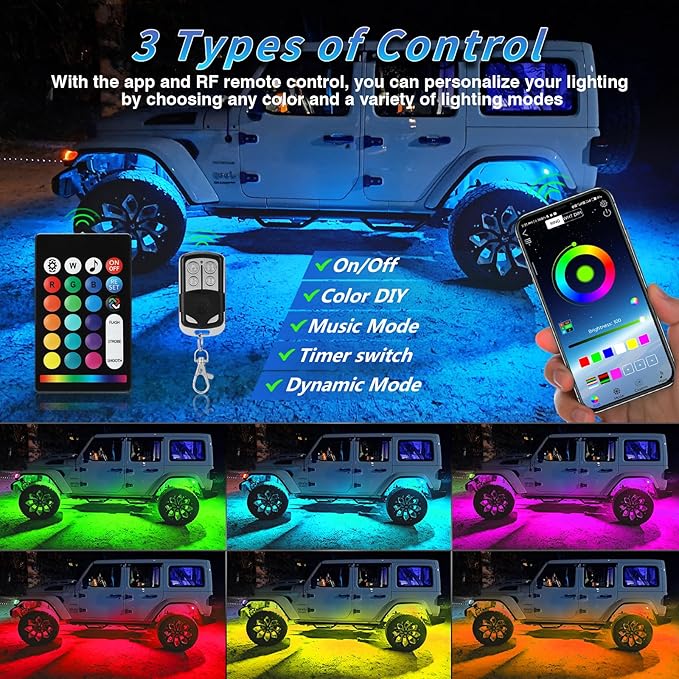 Brightness 4Pods Segmented RGB LED Rock Lights Kit with APP/RF Remote Control, Upgraded Multicolor Underglow Lights Neon Music Mode Waterproof 12V Underbody Light for Trucks Pickup Jeep Golf Cart ATV