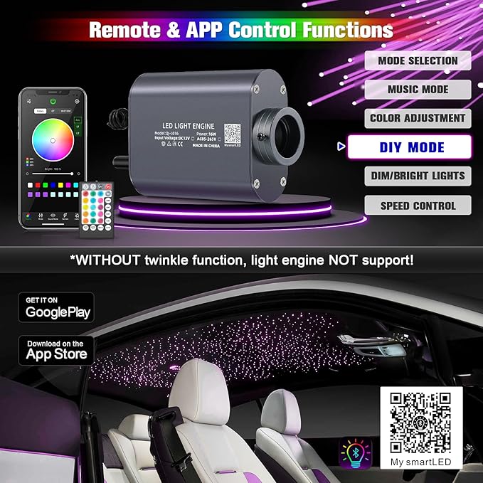 Meteor 16W Starlight Headliner Kit, Star Light Headliner with Bluetooth APP/Remote/Music Mode, Fiber Cable 450pcs of(0.03+0.04+0.06in)*9.8ft+Shooting Star kit for Car Roof&Home Decoration